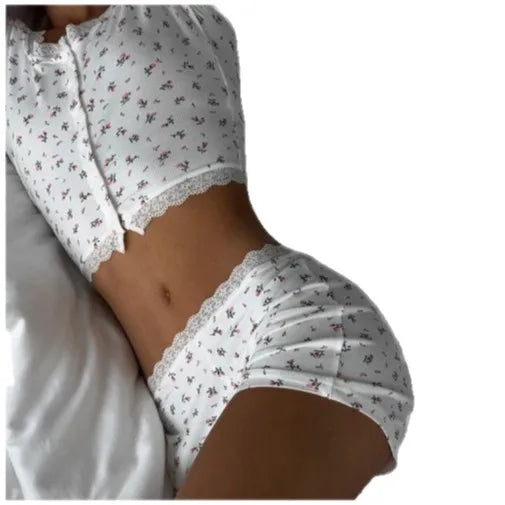 New Arrival: Cottagecore Floral Lace-Trimmed Button-Up Top & Matching Shorts Sleepwear Set