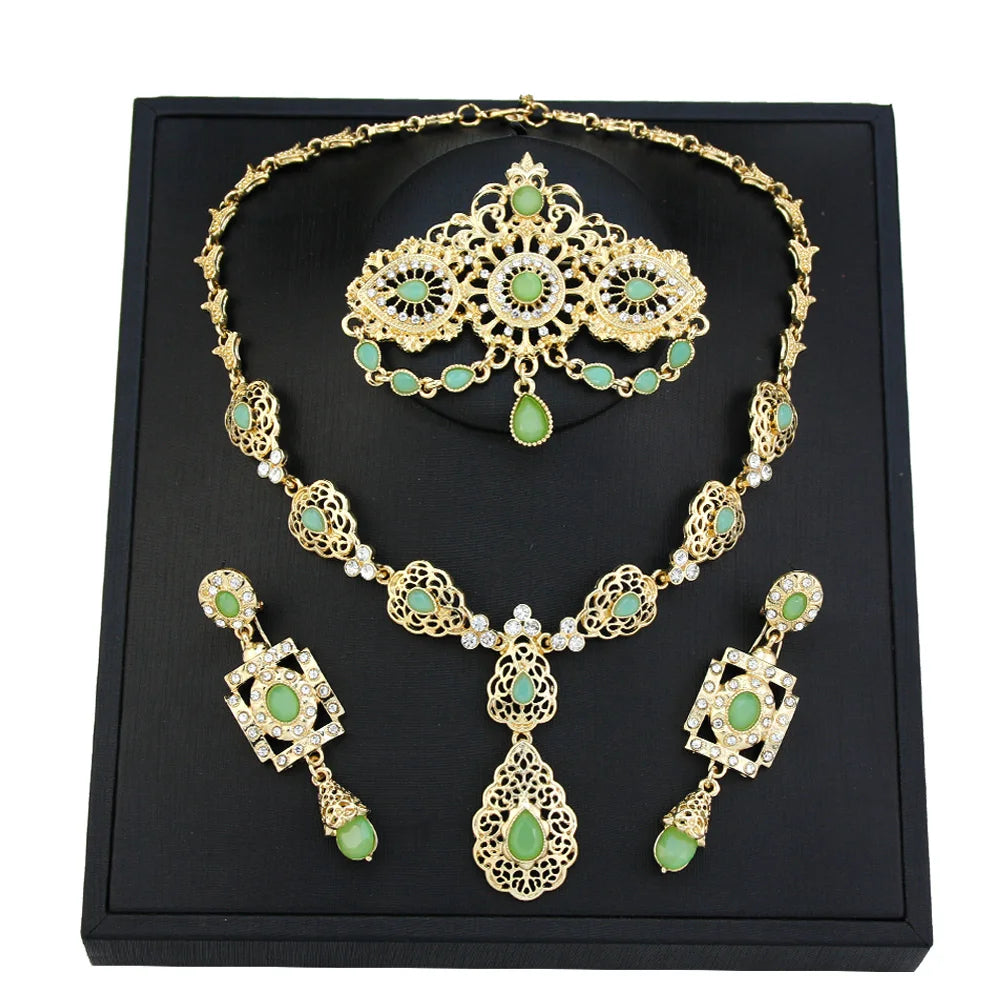 Sunspicems Elegent Morocco Bride Jewelry Sets Women Drop Earring Caftan Brooch Pins Choker Necklace Set Arabic Wedding Bijoux