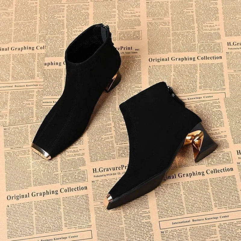 2025 New Women's Retro Square Toe Suede Ankle Boots - Metal Toe Back Zipper Chunky Heel  Boots Design Autumn Winter