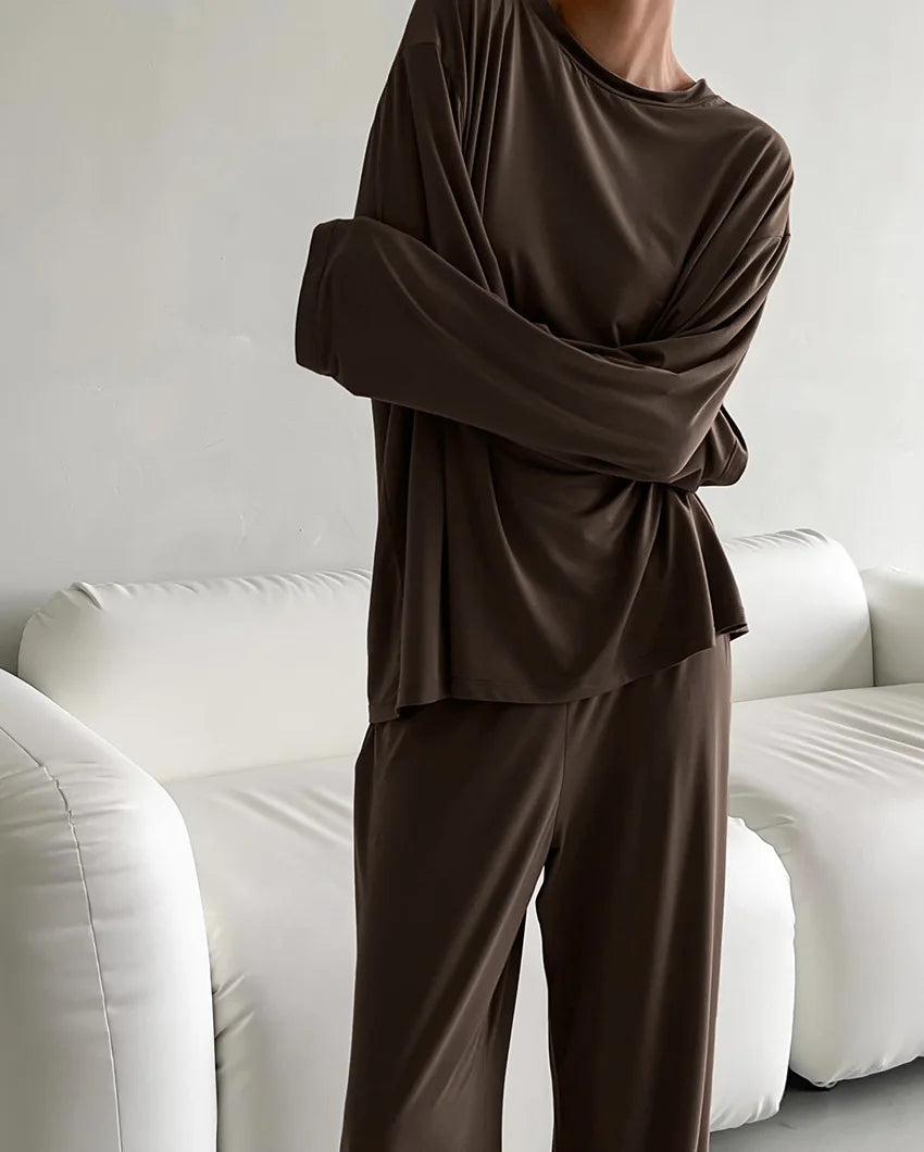 New 2026 Brown Loose Female Sleepwear Suit O-Neck Nightgowns Long Sleeve Nightwear Wide Leg Pants Women's Pajamas 2 Piece Set