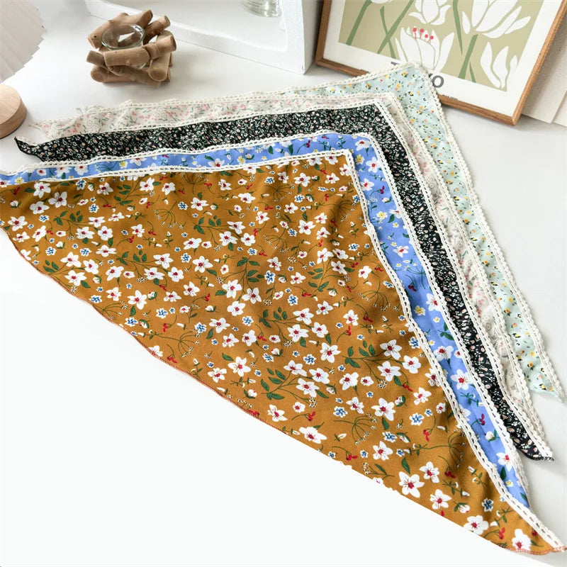 Stylish Chiffon Fabric Floral Lace Triangular Scarf for Spring and Summer Women's Headscarf and Hair Accessories for Photography