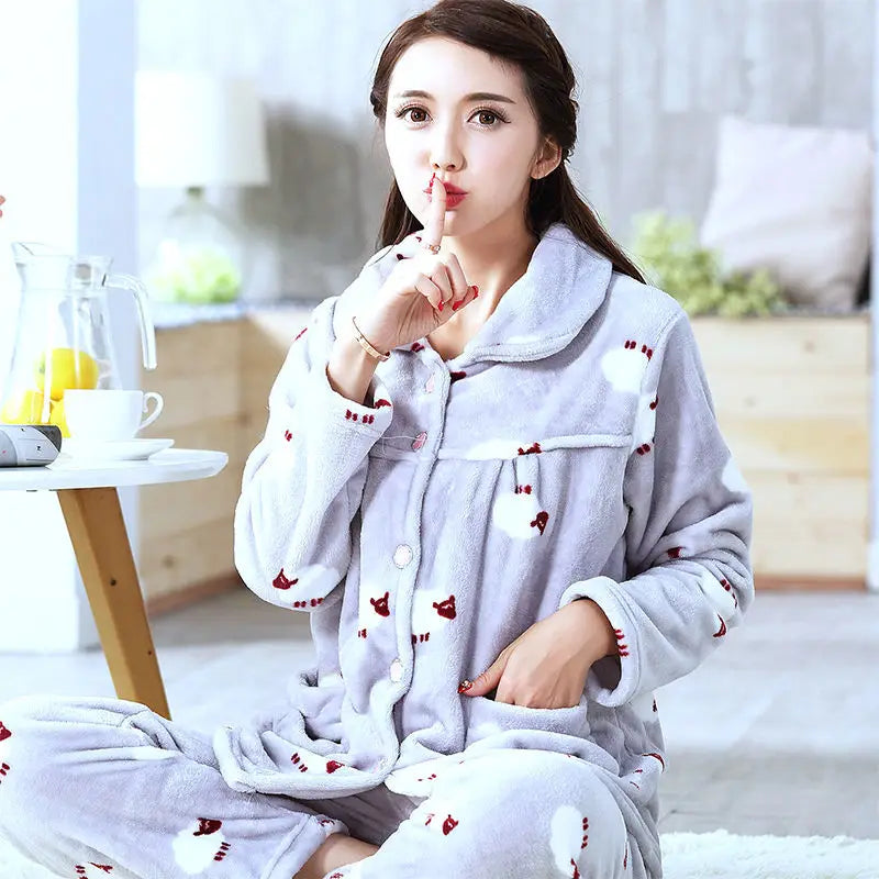 Winter Pajama Sets Women Single Breasted Tops Ankle Length Pants Thicker Cozy Nightwear Flannel Floral Warm Lounge Trendy Casual