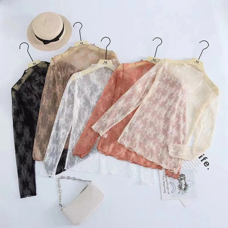 Sexy Floral Lace and Mesh Ruffle Nightgown Woman Sleep Tops Nightie Turtleneck Mesh Layering Top Y2k Floral Tee Shirts Blouse