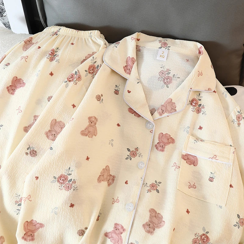 Women's Pajamas Set Y2K Cartoon Bear Flower Print Autumn Pajamas for Women Kawaii New Harajuku Style Casual Homewear Sleepwear