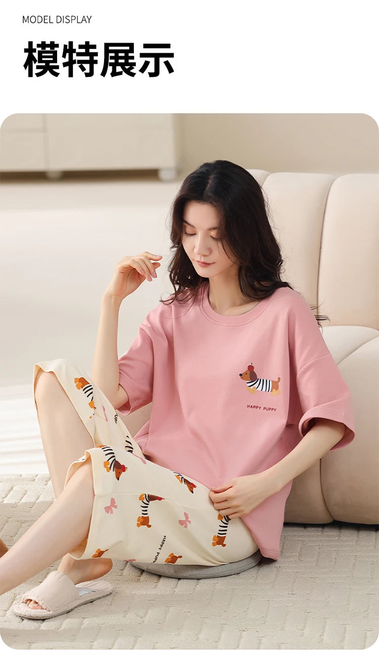 MiiOW 2Pcs Summer Women's Pajamas Set Cotton Short Sleeve Woman Homewear Cute Pink Patchwork Print Girls Pajamas Woman Sleepwear