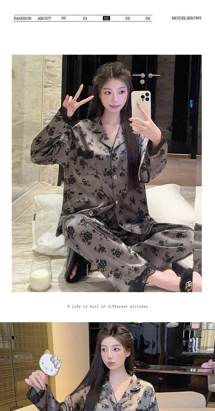 Spring New Women's Long Sleeved Ice Silk Sleepwear Home Suit Set with Floral Lace Loose Sleepwear Home Suit Long Sleeved Set
