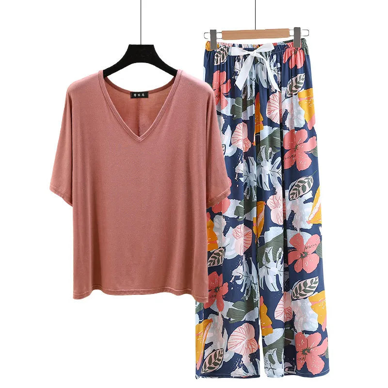V Neck Tshirt with Poplin Floral wide leg pants summer cool pajamas sets Loose casual homewear suit Rayon Loungewear all match