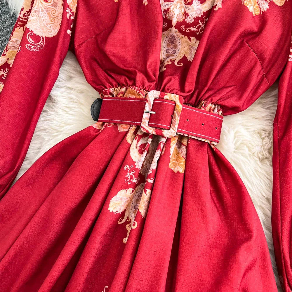 Spring Autumn Retro Palace Style Dress New French Printed Lantern Sleeve Stand Collar A-line Long Dress Femade C110