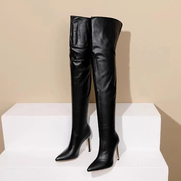 Women Boots Red Black Pointy Toe Thigh High Long Boots Autumn Winter Zip Over-the-Knee Boots Party Shoes Plus Size 46 Stiletto