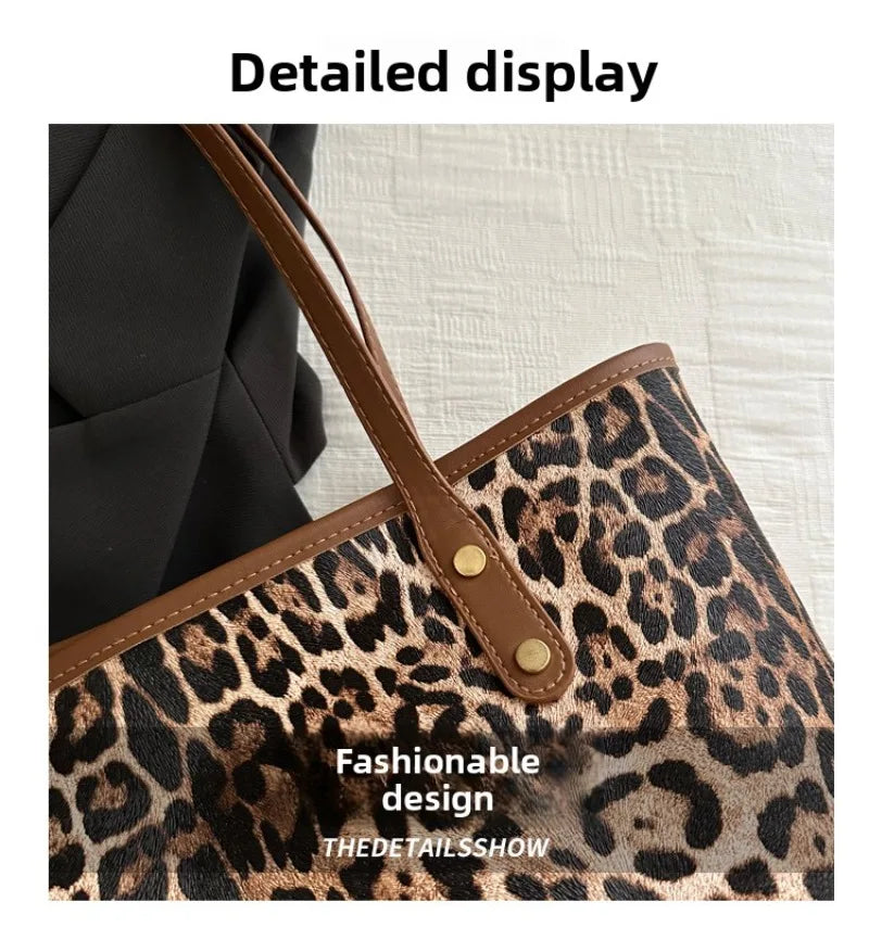 Women's Leopard Print Tote bag Pu Leather Underarm Bags Simple Casual Travel Shopping Bag Large Capacity Mother and Child Packag