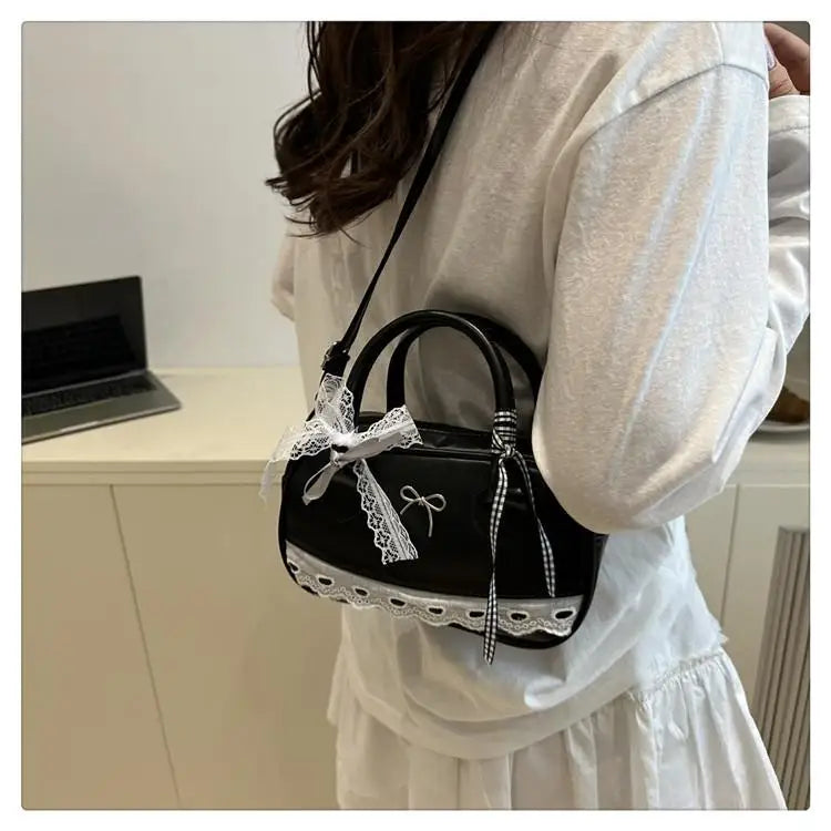 Simple Elegant Handbag Boston Shoulder bag Lace Ribbon Bow Decor Crossbody Bag Small Square Bag Casual Women Bags ﻿