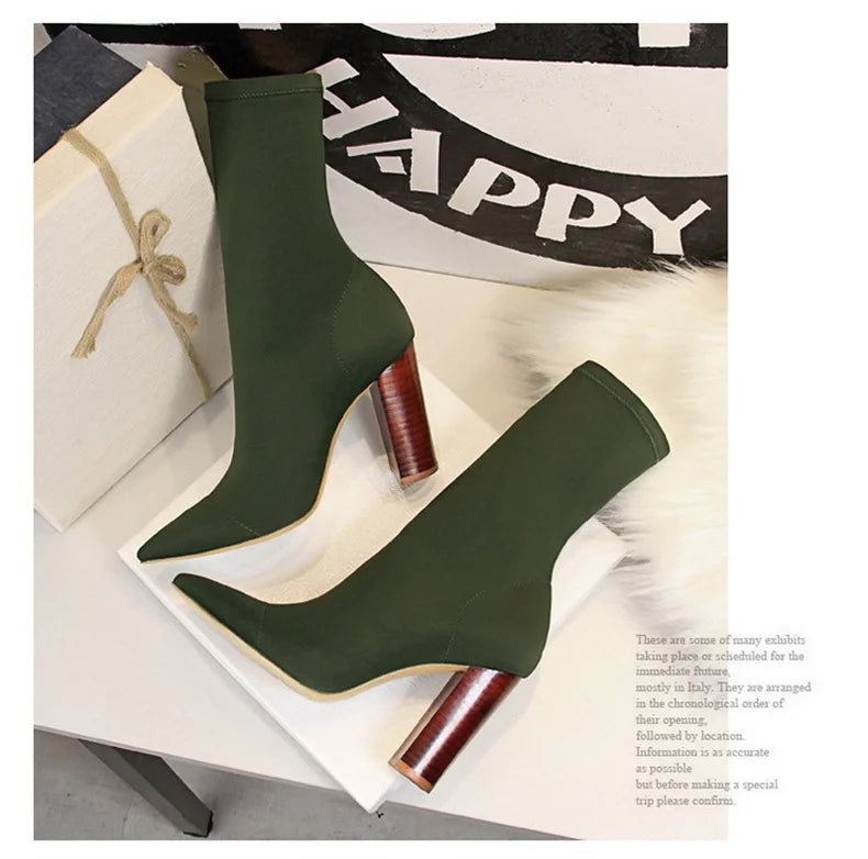 Mid-Calf Boots 2024 New Women Stretch Sock Boots Chunky Block Heels High Heels Silk Shoes Solid Color Short Boots Autumn 3129-3