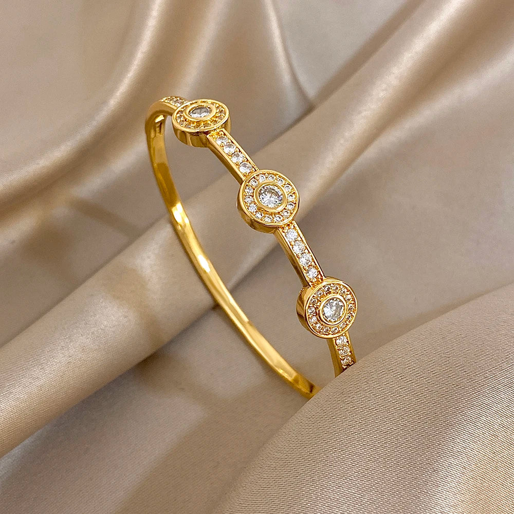 New Stainless Steel Waterproof Cuff Bracelet Bangle For Women Exquisite Shiny Inlaid Zircon Geometric Stacked Jewelry Gifts