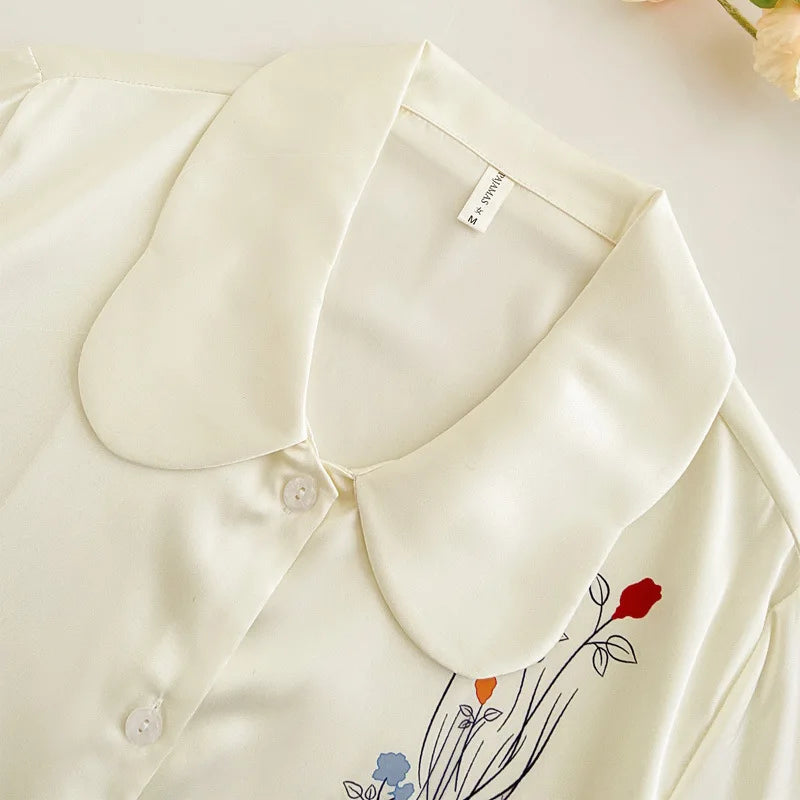 Female 2PCS Pajamas Set Spring Summer Print Flower Sleepwear Long Sleeve Trouser Suits Sweet Loose Satin Home Clothes Loungewear