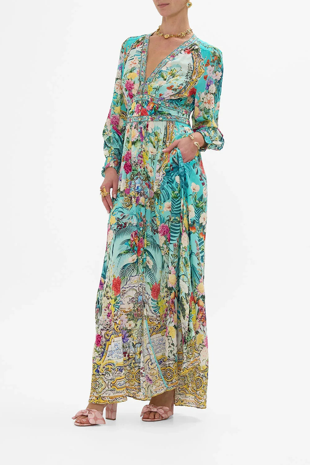 European and American New Arrival Hot Sale PrintingVCollar Long-Sleeved Bubble Sleeve Waist-Tied Summer New Women's Clothes
