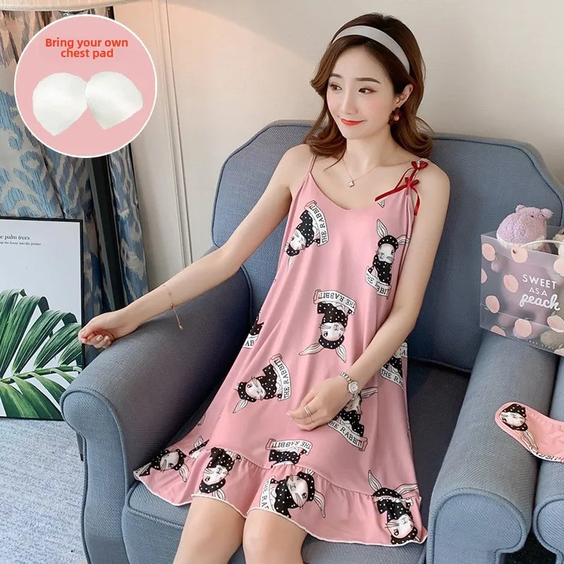 New with Bra Pad, Free Eye Mask, Sling, Loose and Cute Cartoon Animal Pajamas, Nightgown Role-playing Sleepwear Women