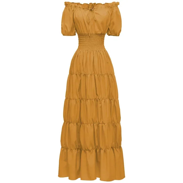 Elegant Medieval Renaissance Dress Boho Short Sleeves Off Shoulder Smocked Waist Retro Pleated Long Dress Costume Gown