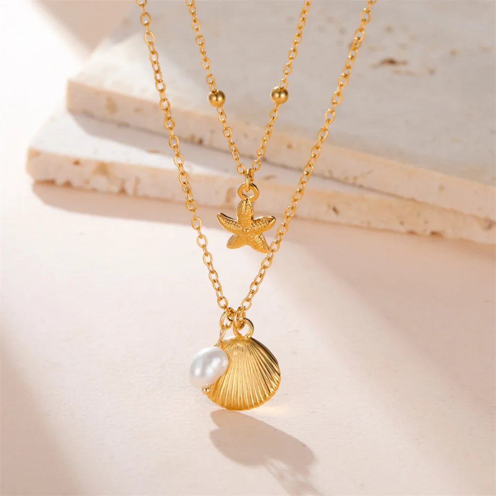 Beach Shell Starfish Pearl Necklace for Woman Girls Summer Vacation Gold Color 2 Layers Stainless Steel Pendant Chain Jewelry