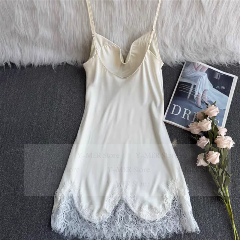 Satin Suspender Skirt Sleepwear Women Nightdress Silky Lace Nightwear Intimate Lingerie Sexy Nightgown Casual Home Dressing Gown