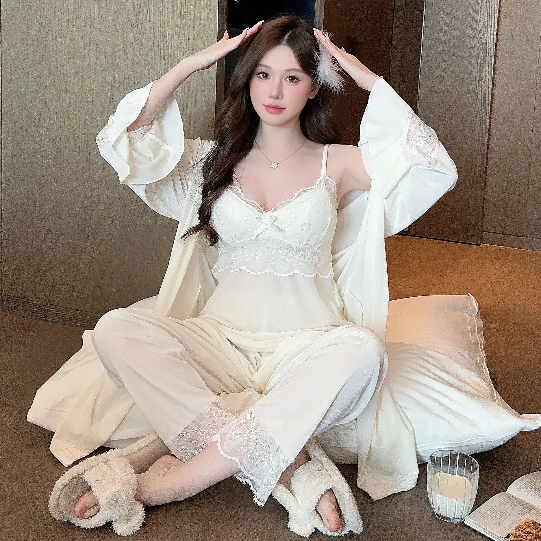 Warm Home Clothes Lady Sexy Lace Flower Trim Nightwear 3Pcs Velour Pajamas Set Luxury Velvet Cami Top&pants Loungewear Winter