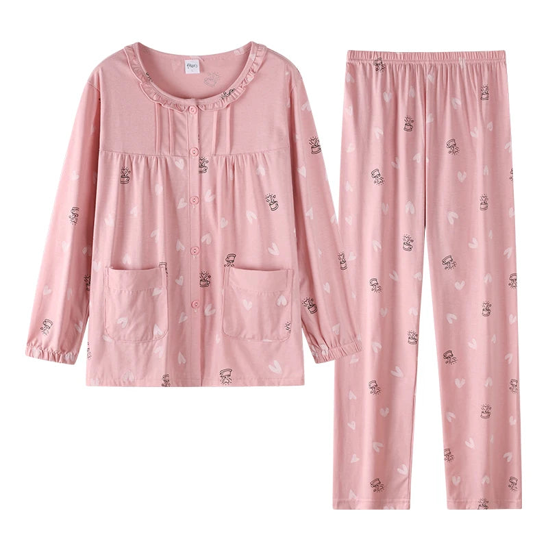 Women Small Flower Pajamas Set Big Yards Pijamas Mujer Autumn Sweet Cute Princess Long Sleeve Cardigan O-Neck Nightwear Homewear