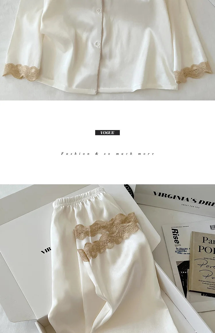 Women's Spring/Autumn Ice Silk Nightwear Set Luxurious Lace Trim Long-Sleeved Lightweight Homewear Actual Product Photography