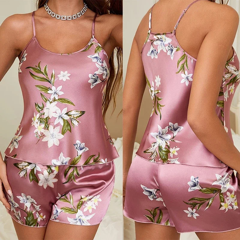 Sexy Lace Trim Robe Nightgown Home Wear Pink Flower Print Pajamas Set Women Satin Strap Top Shorts Robe Lady Satin Lingerie Set