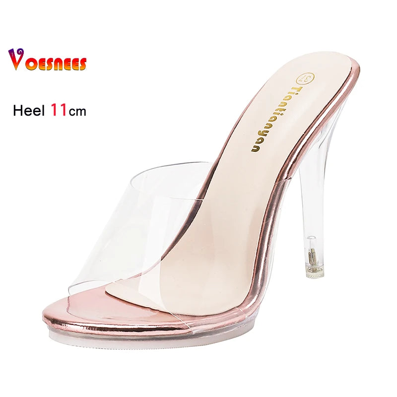 Big Size 43 Transparent Slippers For Ladies Sexy Slip-on 11CM Clear Heels Outdoors Woman Shoes Crystal Thin Heel Summer Sandals