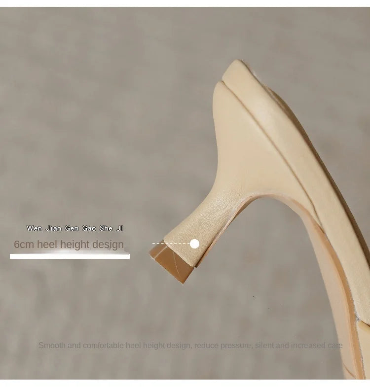 Genuine Leather French Slim Heel Slippers for Women's Summer New Fashionable Sandals Women Sweet Round Toe Slipper Ladies Shoes