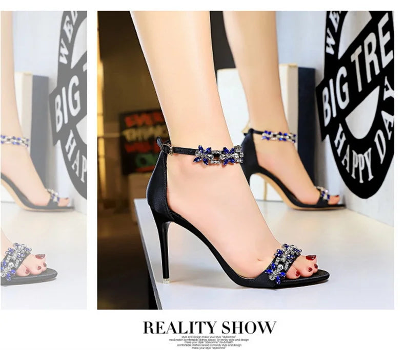 Open Toe Rhinestones Sandals Women 2024 New Designer Luxury High Heels Female Shoes Summer Heeled Satin One Word Belt 368-1