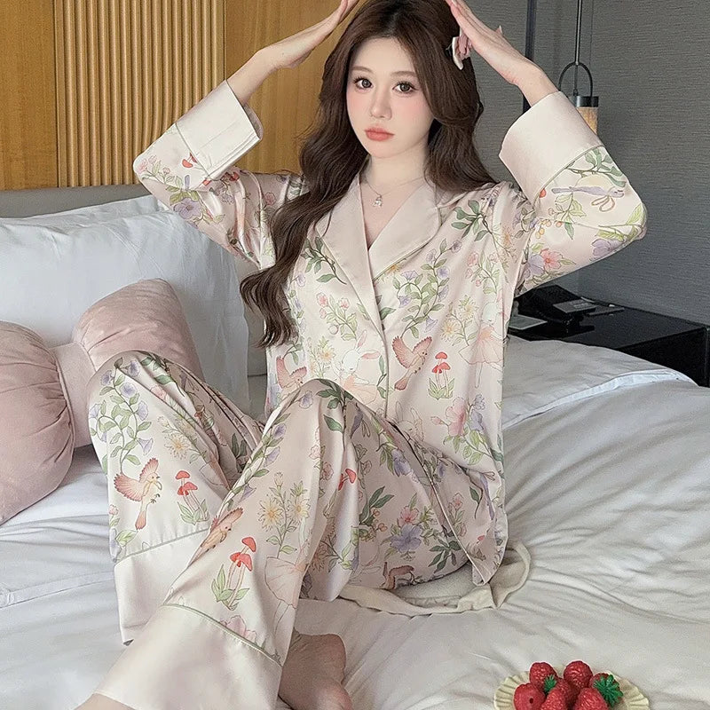 Print Flower 2PCS Top&pants Pajamas Lady Sweet Cute Home Clothes Spring Summer New Pijama Mujer Sexy Loose Sleepwear Women Pjs