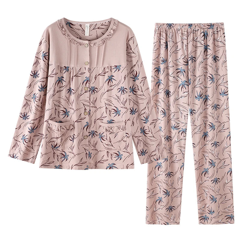 Women Small Flower Pajamas Set Big Yards Pijamas Mujer Autumn Sweet Cute Princess Long Sleeve Cardigan O-Neck Nightwear Homewear