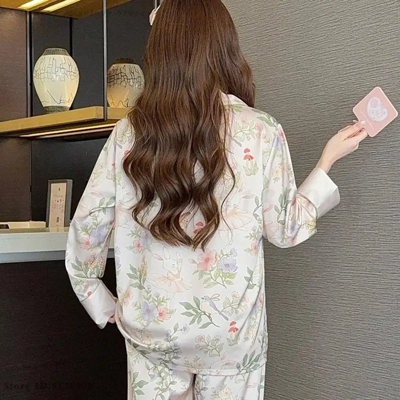 Print Flower 2PCS Top&pants Pajamas Lady Sweet Cute Home Clothes Spring Summer New Pijama Mujer Sexy Loose Sleepwear Women Pjs