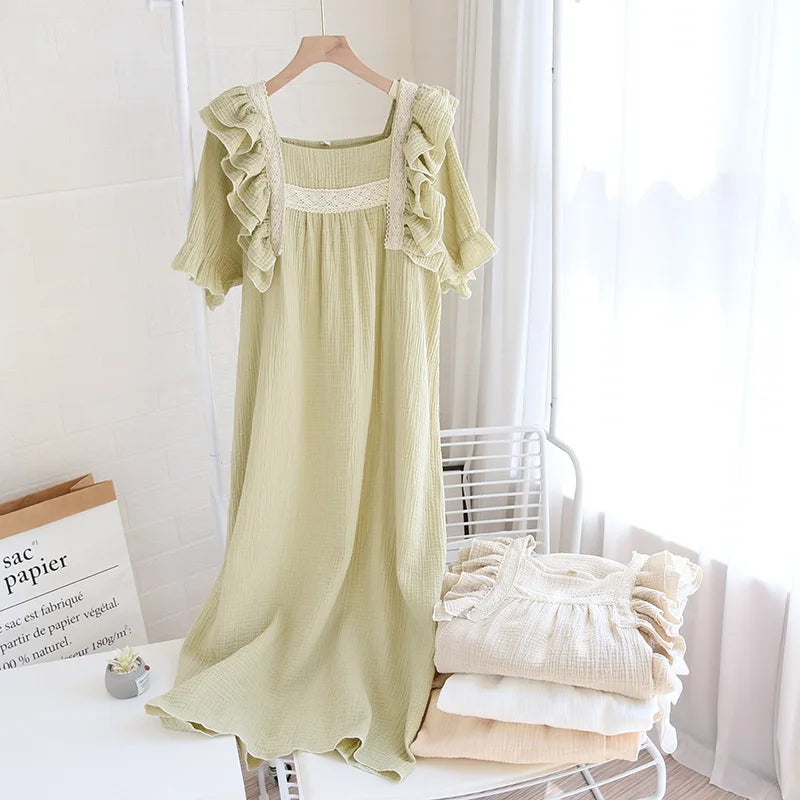 Summer New Ladies Nightdress 100% Cotton Crepe Lotus Leaf Sleeve Long Dress Palace Style Short Sleeve Nightdress Home Skirt