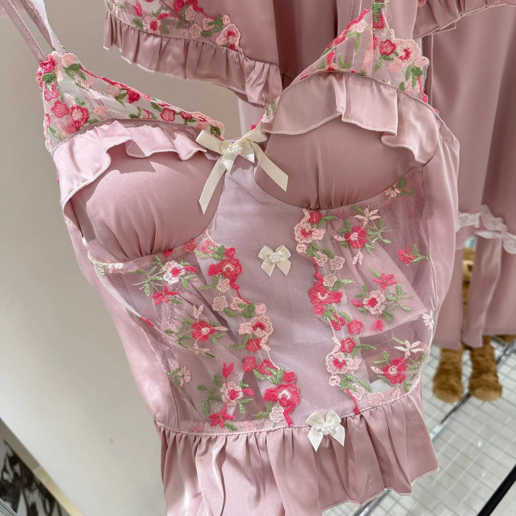 French Style Pink Lace Trim Home Clothes Ice Silk Sleepwear Hollow Out Lace Floral Nightwear Princess Sweet Pijama Mujer