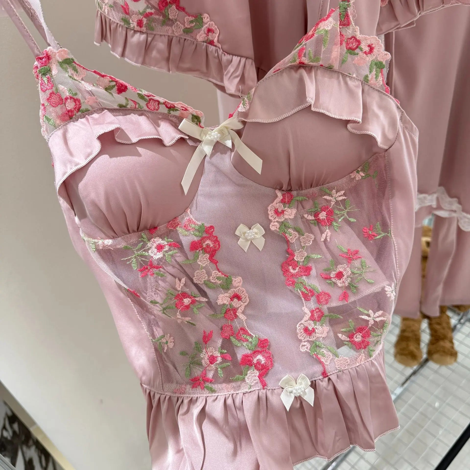 French Style Pink Lace Trim Home Clothes Ice Silk Sleepwear Hollow Out Lace Floral Nightwear Princess Sweet Pijama Mujer