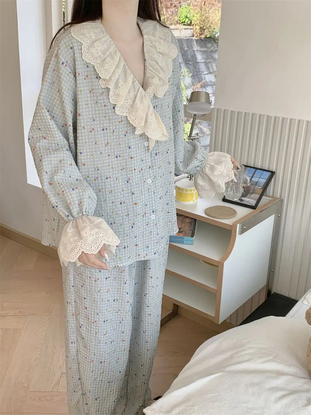 Korean Style Sweet Style Floral Pajamas for Women New Long Sleeve Long Pants Lace Trim Homewear Set Autumn Winter Loungewear Hot