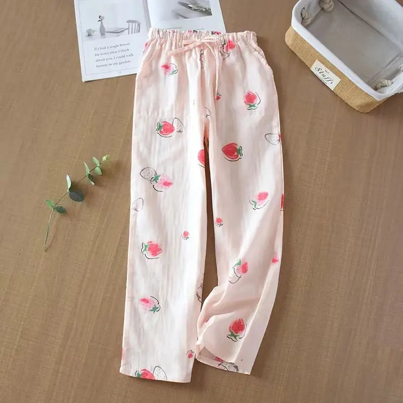 Women's Pure Cotton Pajama Pants Home Pants Double-layer Gauze Elastic Band Loose Casual Pants Cute Strawberry Home Pants 2024