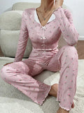 Women Sleepwear Autumn Winter Floral Print Pajamas Set Long Sleeve Top and Long Pants 2 Piece Casual Homewear Loungewear