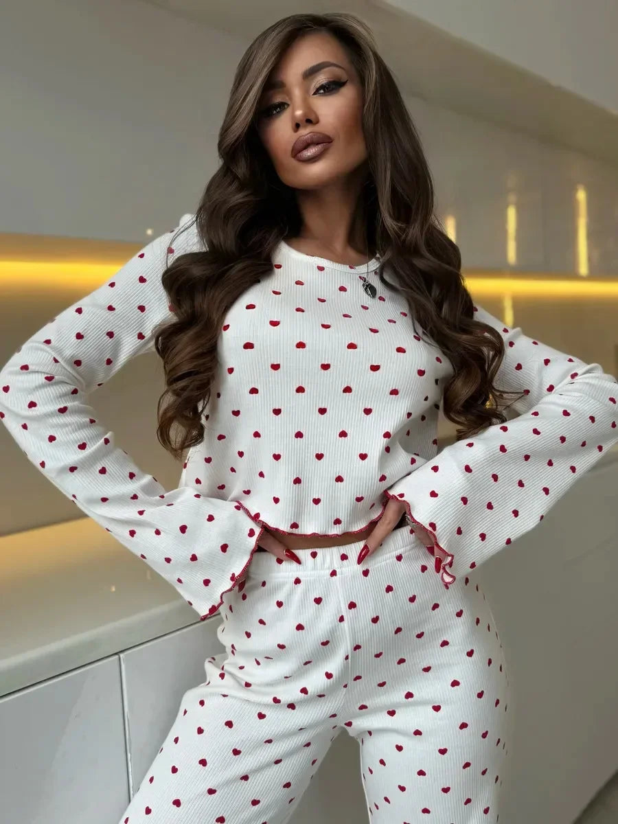 Autumn Winter Pajama Set Women 2pcs Y2K-Style Cherry Print Cuffed-Long-Sleeve Tops and Long Trousers Sleepwear Homewear