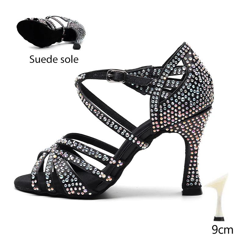 HROYL Ballroom Latin Dance Shoes Ladies Girls New Silk Satin Shiny Rhinestone Cuban High Heels Party Salsa Dance Shoes Women
