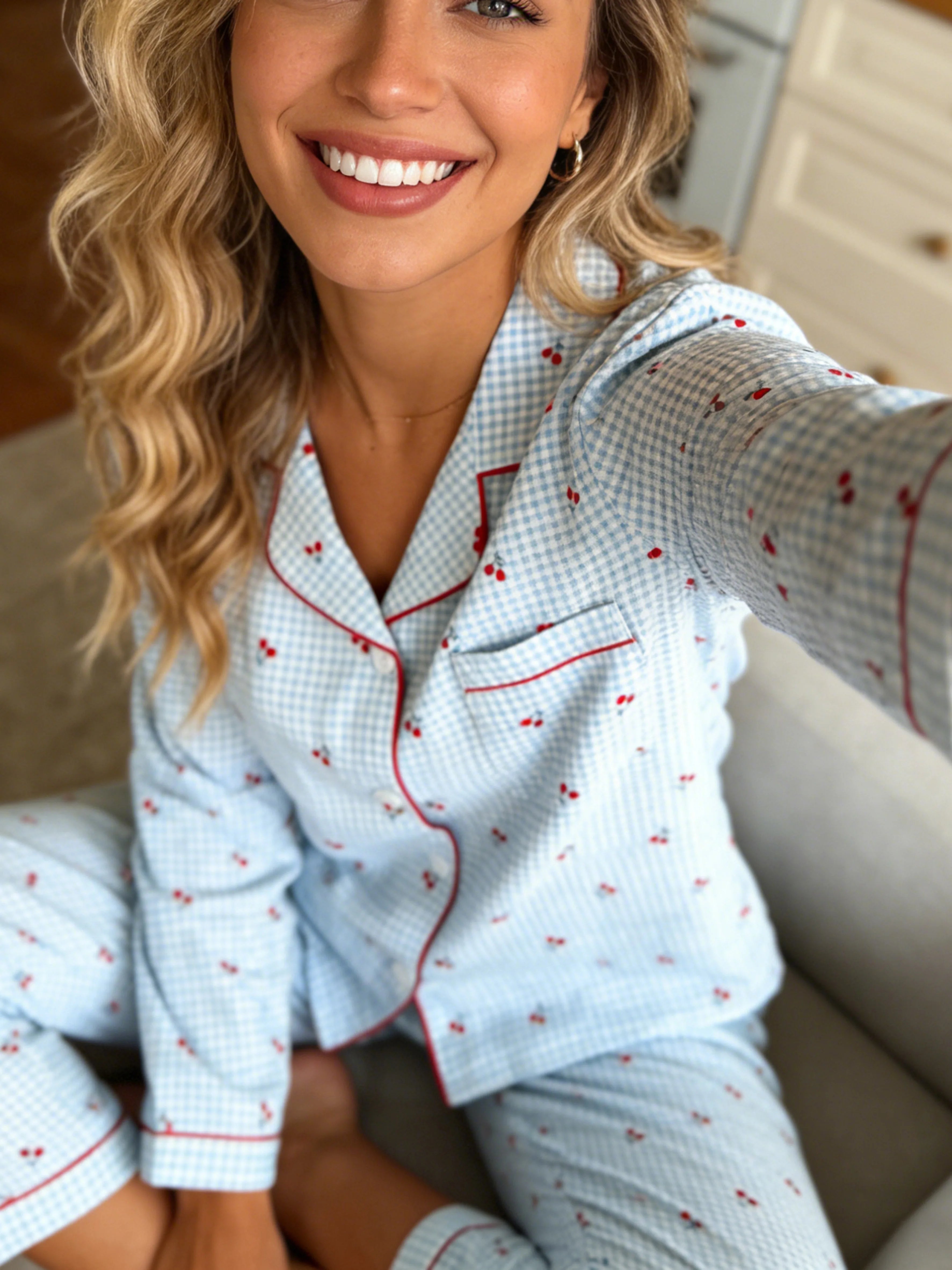 Women Pajamas Notch Lapel Long Sleeve Pants 2 Piece Set Spring Fall Winter Cute Cherry Print Homewear