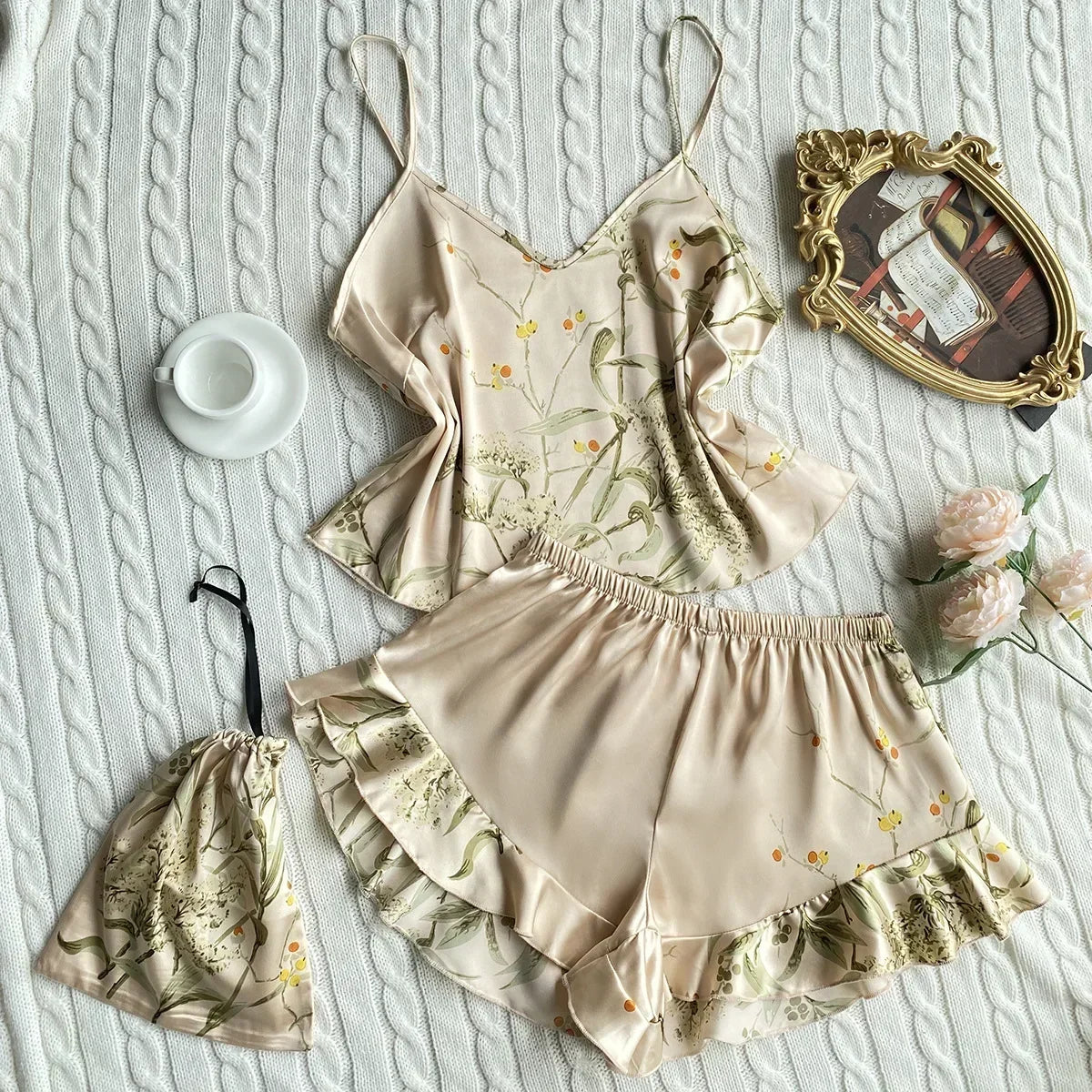 Summer Fashion Pajamas Women Sleepwear 3 Pcs Silk Floral Print Suspenders Tops and Shorts with Hanging Bag Home Wear