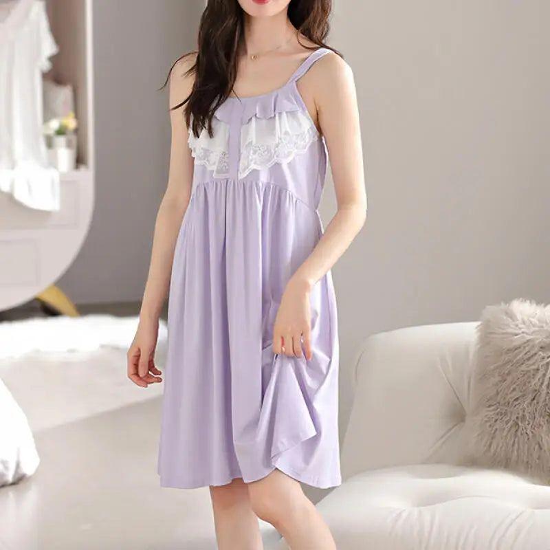 Cotton Sleepshirt Lady Sexy Chemise Sleepwear Lace Flower Patchwork Nightdress Home Dressing Gown Summer New Lingerie Nightwear