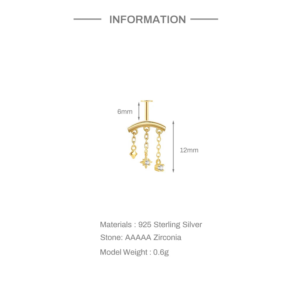 CANNER 1PC 925 Sterling Silver Eight-pointed Star CZ Piercing Earring For Women Ins Tassel Chain Stud Earring Party Fine Jewelry