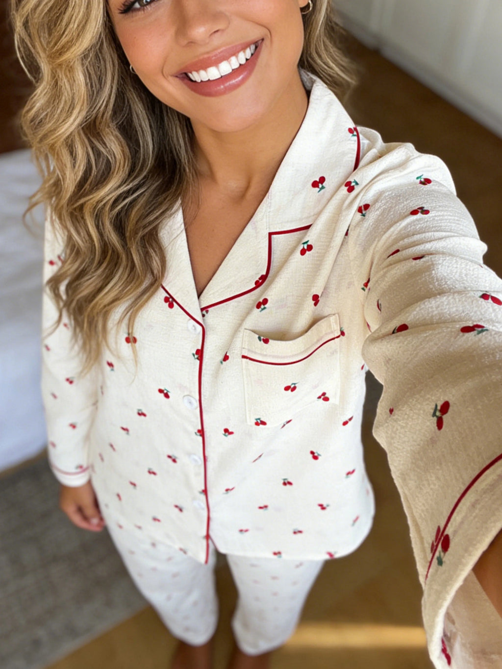 Women Pajamas Notch Lapel Long Sleeve Pants 2 Piece Set Spring Fall Winter Cute Cherry Print Homewear