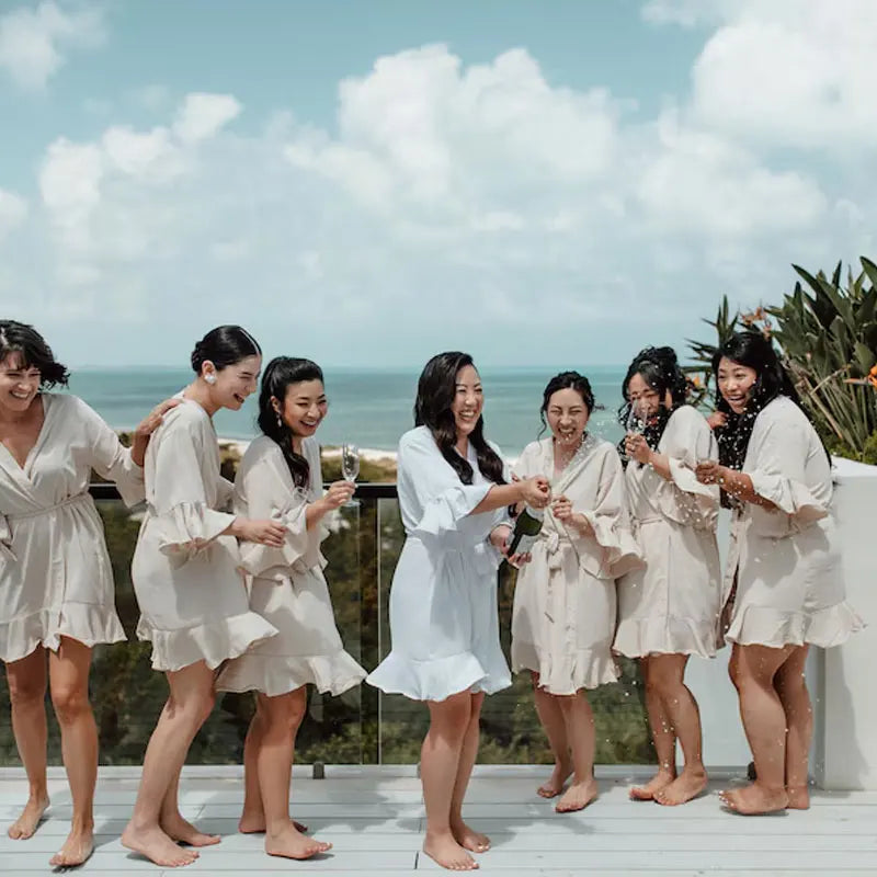 Personalized Bride Bridesmaid Robes Chiffon Ruffle Trim Kimono Birth Flower Ruffle Robe Set Bridal Shower Proposal Dressing Gown
