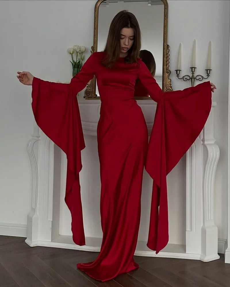 Women Cocktail Party Dress Big Swing Middle Eastern Long Floating Sleeves Slim Empire Lady Banquet Solid Maxi Clothing