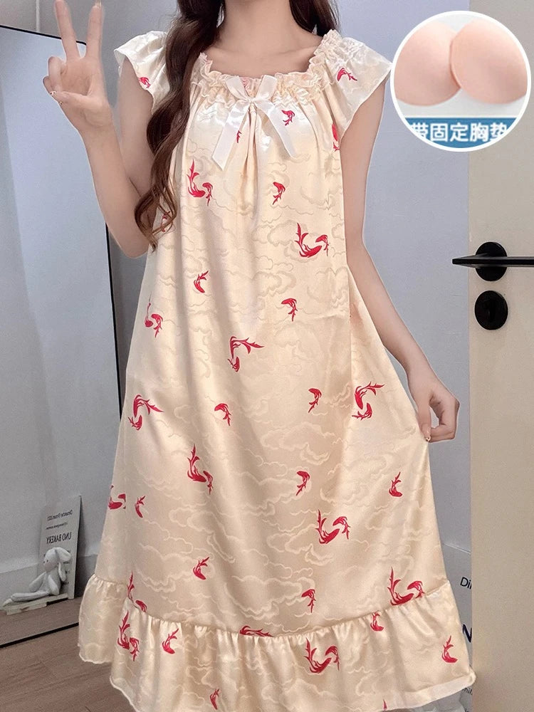 Ice Silk Satin Pajamas Women's Korean Summer Nightgown with Chest Pads Sweet Lace Ruffle Sleeved Long Dress Floral Loungewear