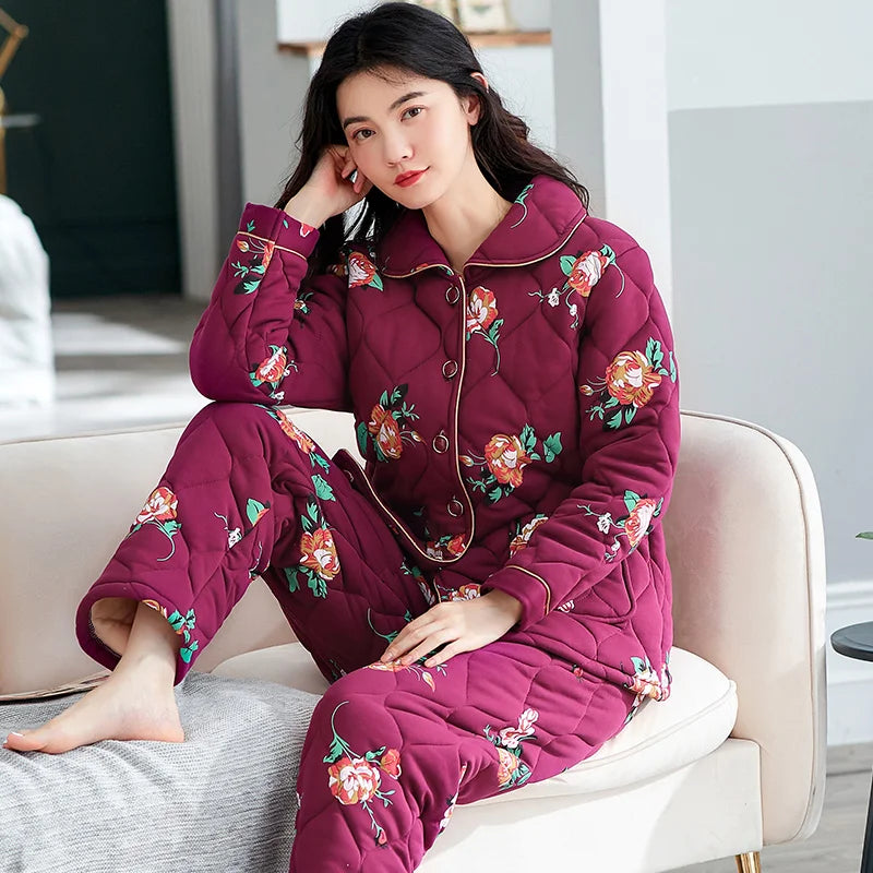 Winter three layer thick keep warm quilted jacket women's pajamas floral pijamas inverno M-XXXL sleepwear